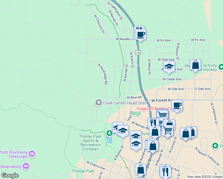 map of restaurants, bars, coffee shops, grocery stores, and more near 1319 North Aztec Street in Flagstaff