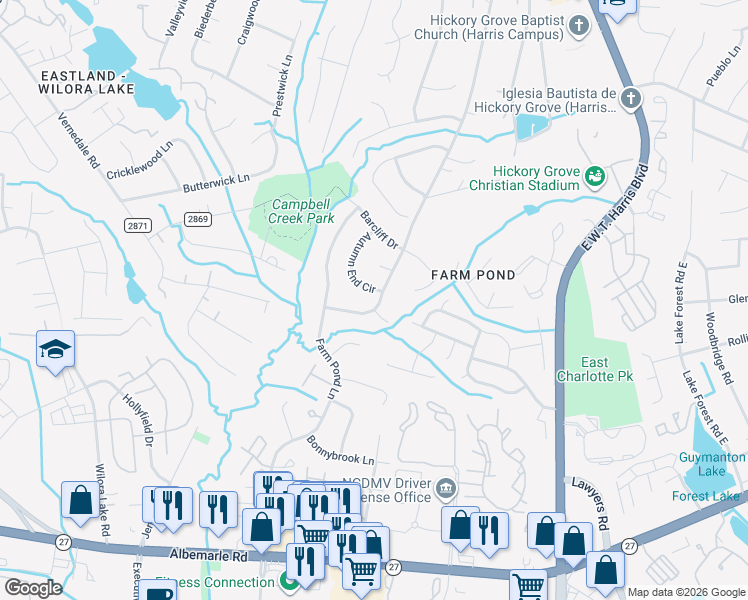 map of restaurants, bars, coffee shops, grocery stores, and more near 5527 Autumn End Circle in Charlotte