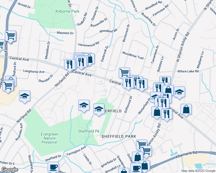 map of restaurants, bars, coffee shops, grocery stores, and more near 4600 Central Avenue in Charlotte