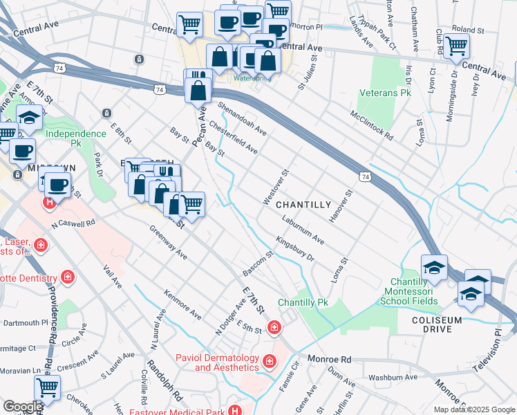 map of restaurants, bars, coffee shops, grocery stores, and more near 2239 Laburnum Avenue in Charlotte