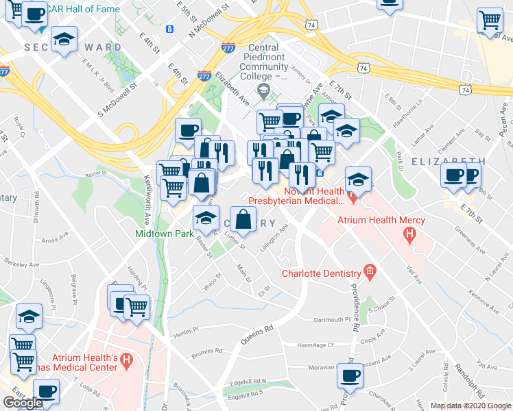 map of restaurants, bars, coffee shops, grocery stores, and more near 216 South Torrence Street in Charlotte
