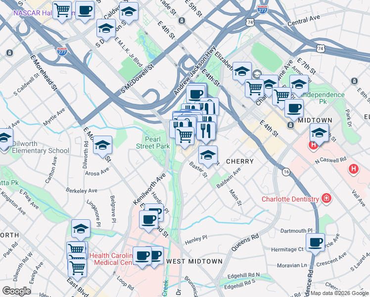 map of restaurants, bars, coffee shops, grocery stores, and more near 1111 Metropolitan Avenue in Charlotte