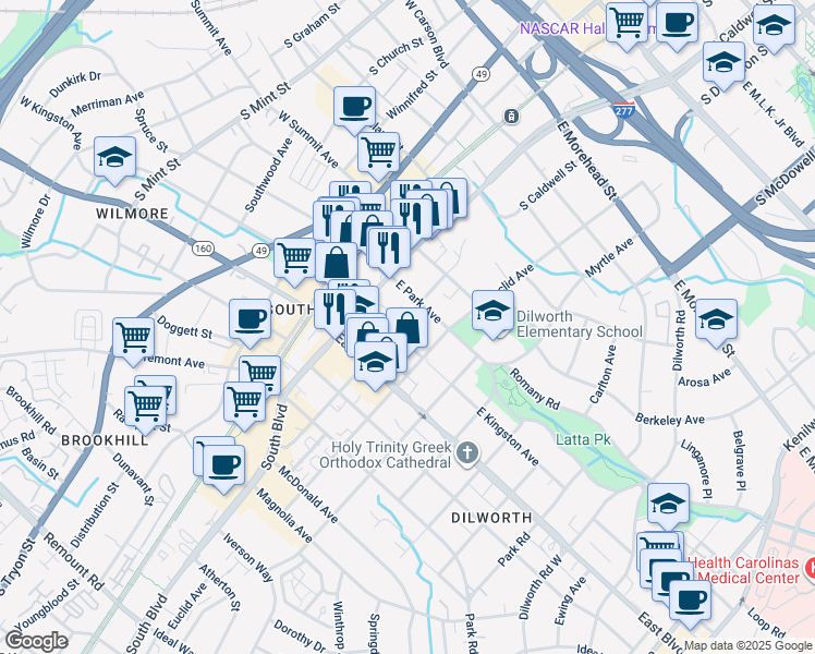 map of restaurants, bars, coffee shops, grocery stores, and more near 300 East Park Avenue in Charlotte