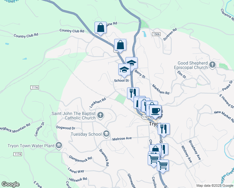 map of restaurants, bars, coffee shops, grocery stores, and more near 71 School Street in Tryon