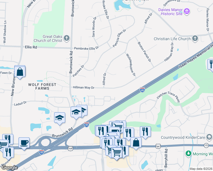 map of restaurants, bars, coffee shops, grocery stores, and more near 8986 Hillman Way Drive in Memphis