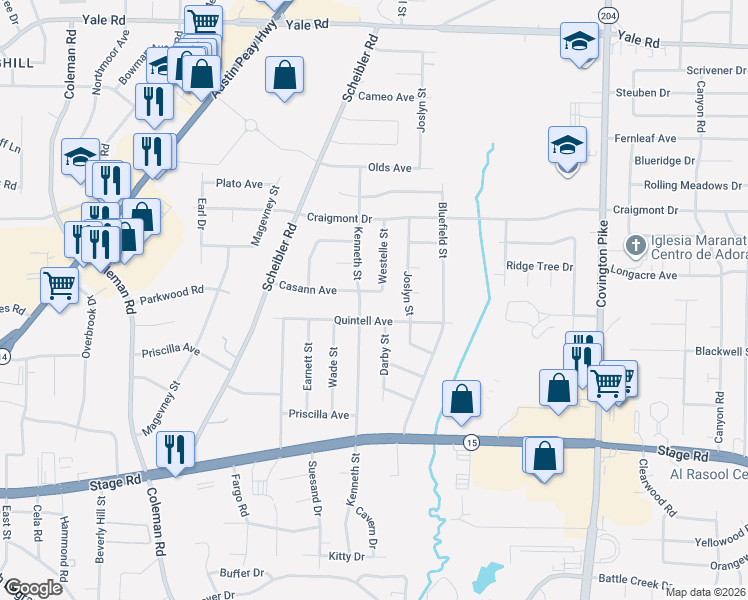 map of restaurants, bars, coffee shops, grocery stores, and more near 4774 Casann Avenue in Memphis