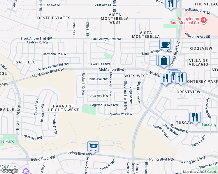 map of restaurants, bars, coffee shops, grocery stores, and more near 10720 Neptune Street Northwest in Albuquerque
