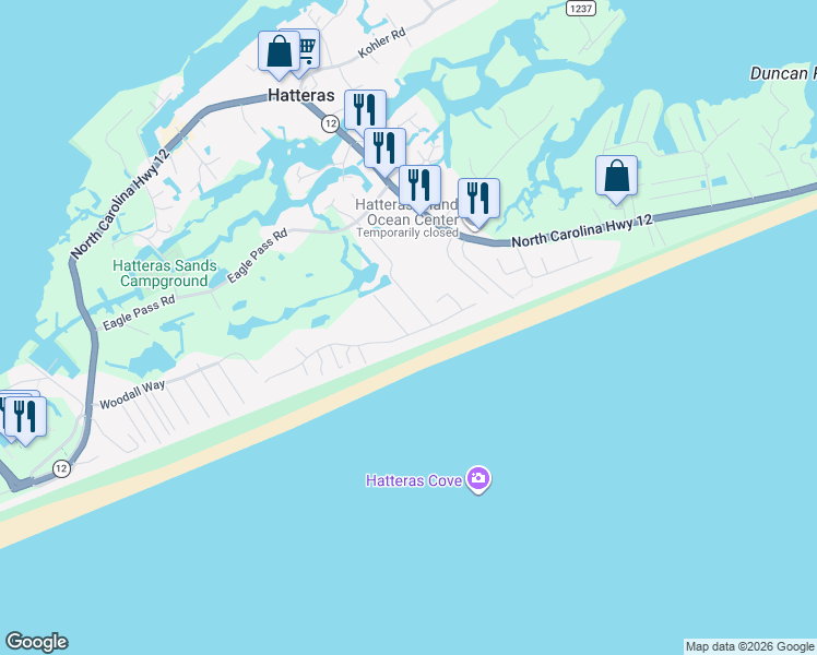 map of restaurants, bars, coffee shops, grocery stores, and more near 57249 Flambeau Road in Hatteras