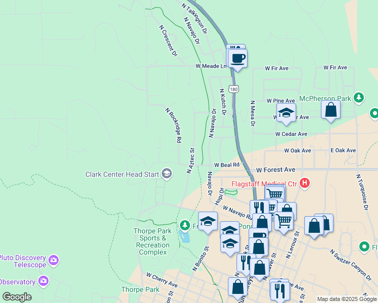 map of restaurants, bars, coffee shops, grocery stores, and more near 1319 North Aztec Street in Flagstaff