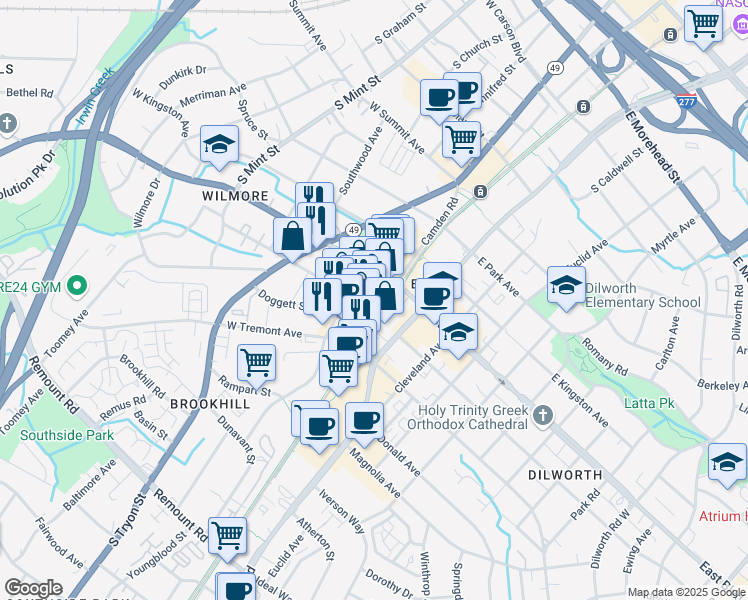 map of restaurants, bars, coffee shops, grocery stores, and more near 100 West Worthington Avenue in Charlotte