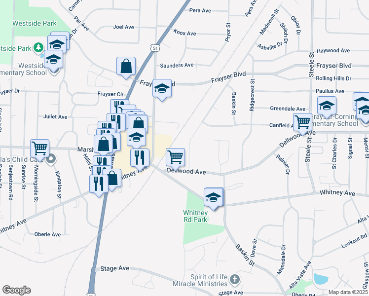 map of restaurants, bars, coffee shops, grocery stores, and more near 3131 Madewell Street in Memphis