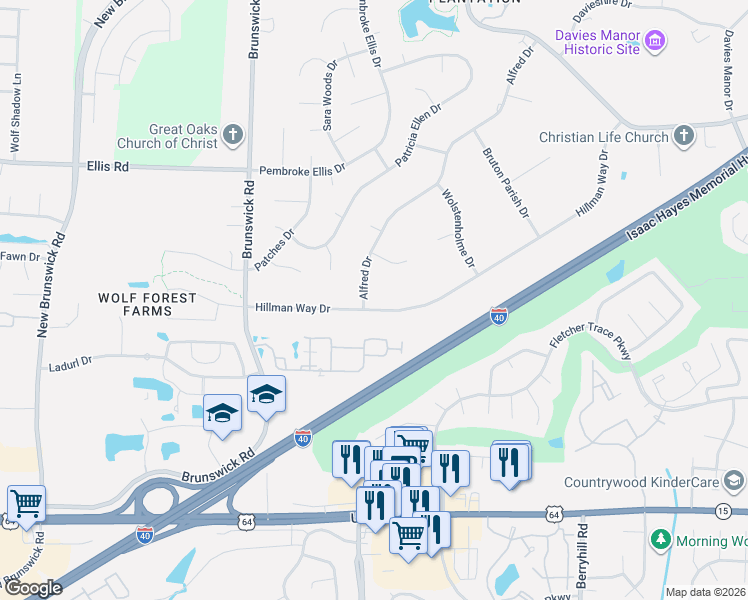 map of restaurants, bars, coffee shops, grocery stores, and more near 8986 Hillman Way Drive in Memphis
