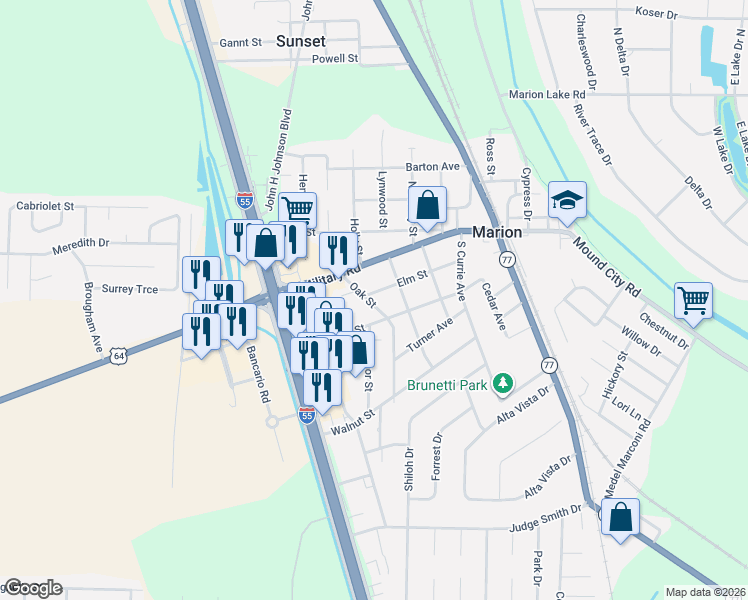 map of restaurants, bars, coffee shops, grocery stores, and more near 168 Elm Street in Marion
