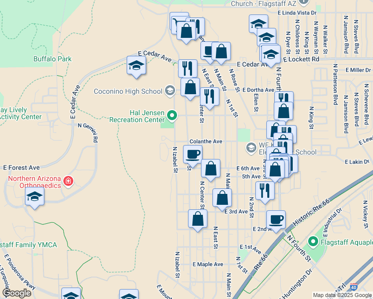 map of restaurants, bars, coffee shops, grocery stores, and more near 2420 North West Street in Flagstaff