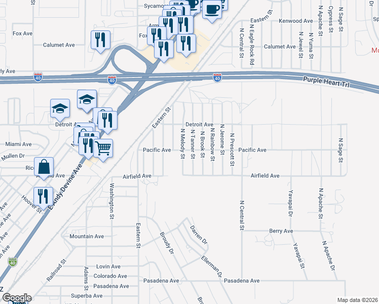 map of restaurants, bars, coffee shops, grocery stores, and more near 2944 North Melody Street in Kingman