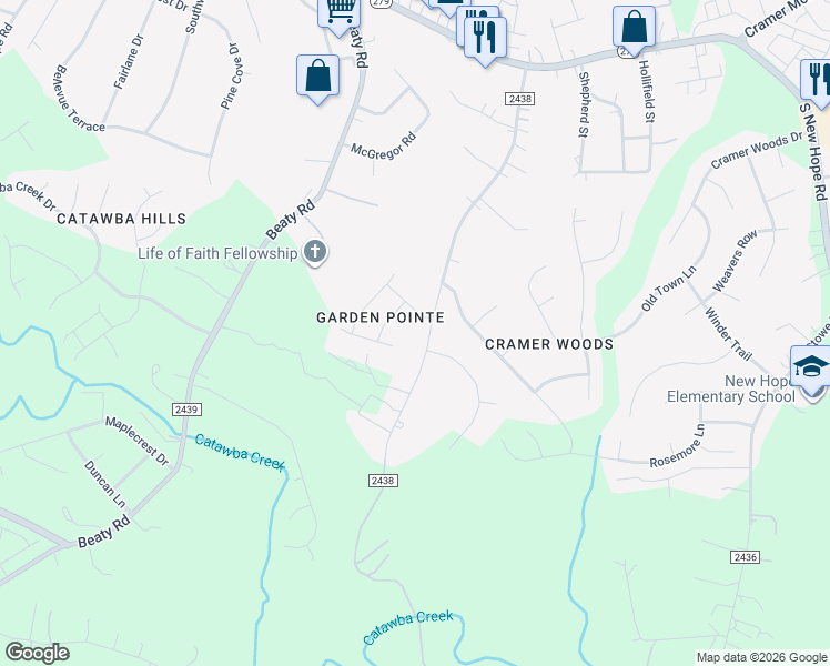 map of restaurants, bars, coffee shops, grocery stores, and more near 5624 Amelia Lane in Gastonia