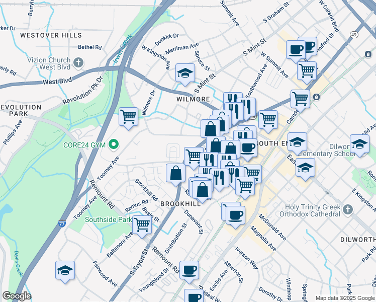 map of restaurants, bars, coffee shops, grocery stores, and more near 2020 South Tryon Street in Charlotte