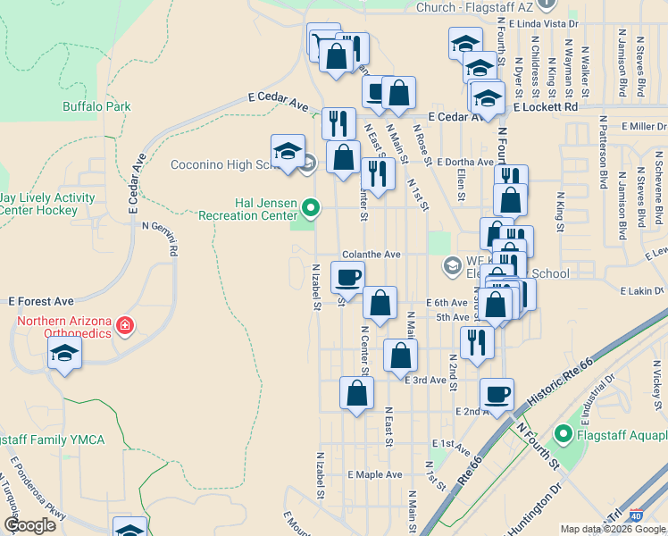 map of restaurants, bars, coffee shops, grocery stores, and more near 2401 North West Street in Flagstaff