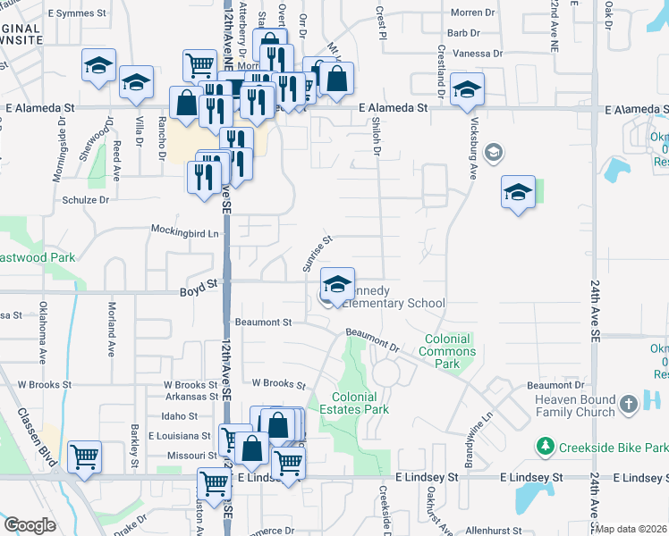 map of restaurants, bars, coffee shops, grocery stores, and more near 1526 Sunrise Circle in Norman