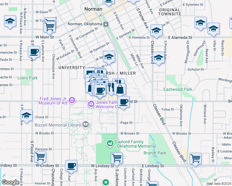 map of restaurants, bars, coffee shops, grocery stores, and more near 760 Jenkins Avenue in Norman