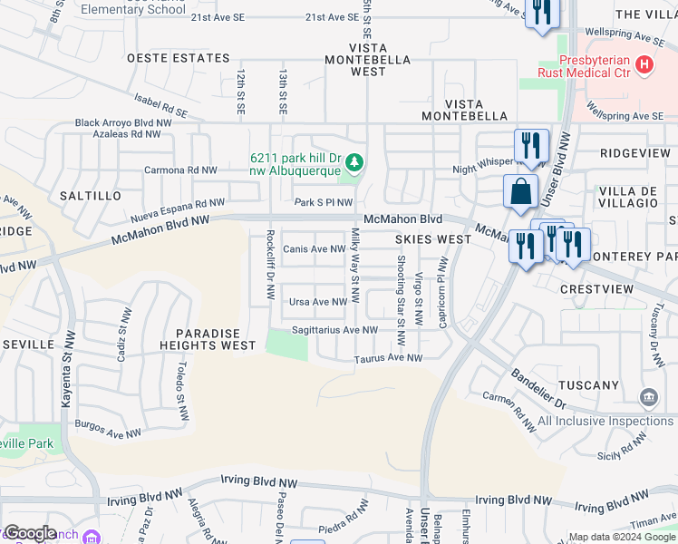 map of restaurants, bars, coffee shops, grocery stores, and more near 6004 Stargazer Avenue Northwest in Albuquerque