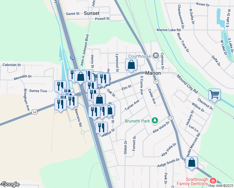 map of restaurants, bars, coffee shops, grocery stores, and more near 168 Elm Street in Marion