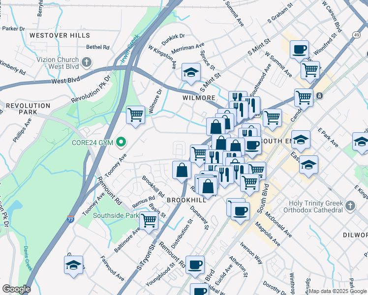 map of restaurants, bars, coffee shops, grocery stores, and more near 1949 Woodcrest Avenue in Charlotte