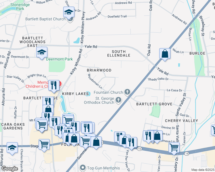map of restaurants, bars, coffee shops, grocery stores, and more near 3180 Hedgemore Cove in Bartlett