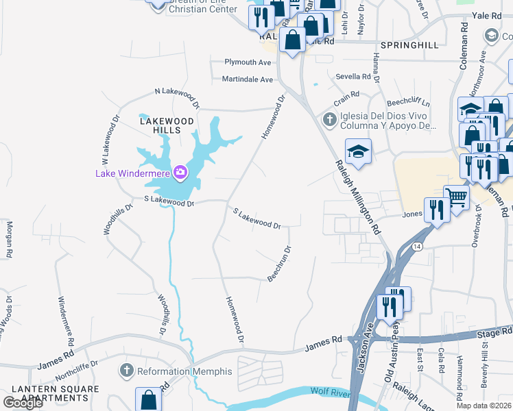 map of restaurants, bars, coffee shops, grocery stores, and more near 4015 Kingfisher Drive in Memphis