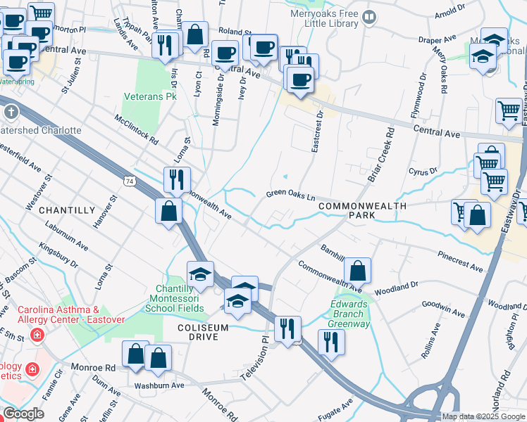map of restaurants, bars, coffee shops, grocery stores, and more near 1330 Green Oaks Lane in Charlotte