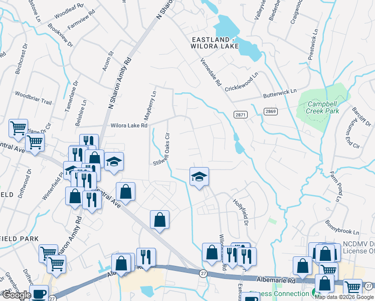 map of restaurants, bars, coffee shops, grocery stores, and more near 5835 Wilora Lake Road in Charlotte