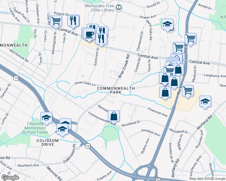 map of restaurants, bars, coffee shops, grocery stores, and more near in Charlotte