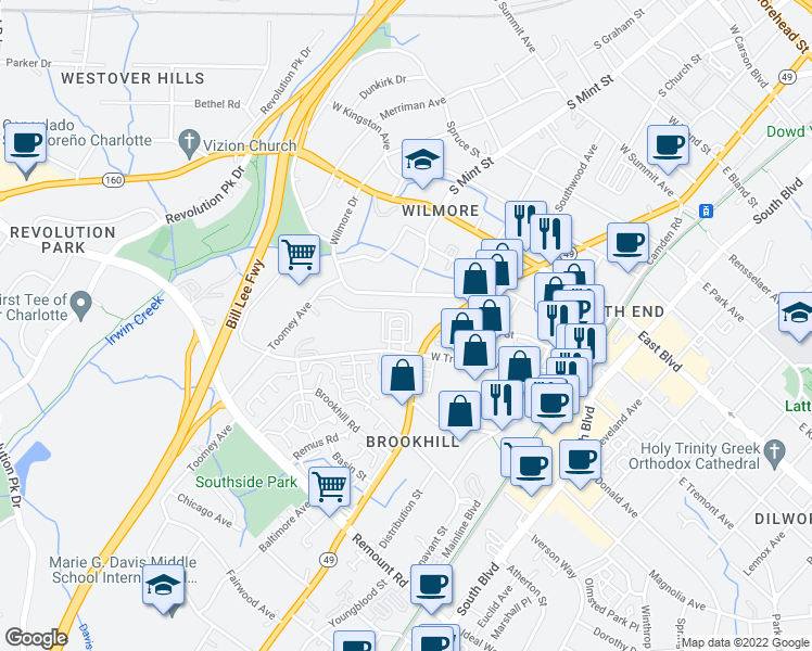 map of restaurants, bars, coffee shops, grocery stores, and more near 1955 Woodcrest Avenue in Charlotte