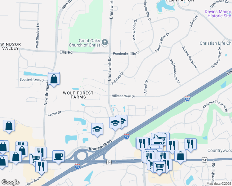 map of restaurants, bars, coffee shops, grocery stores, and more near 8852 Hillman Way Drive in Bartlett
