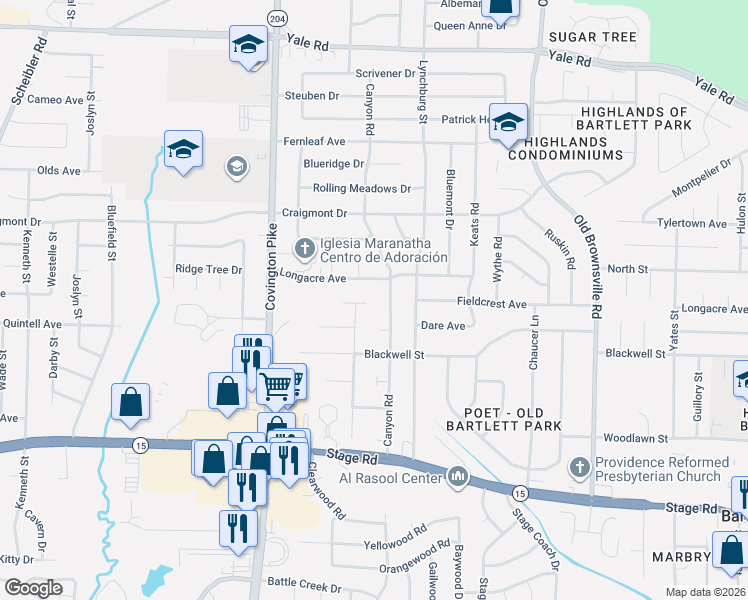map of restaurants, bars, coffee shops, grocery stores, and more near 5177 Longacre Avenue in Memphis
