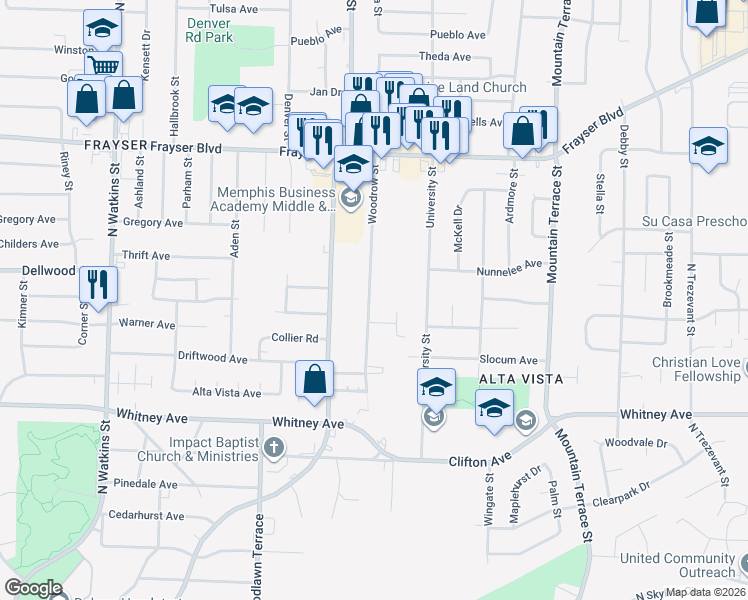 map of restaurants, bars, coffee shops, grocery stores, and more near 3172 Woodrow Street in Memphis