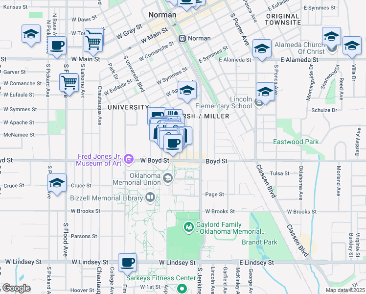 map of restaurants, bars, coffee shops, grocery stores, and more near 750 Deans Row Avenue in Norman