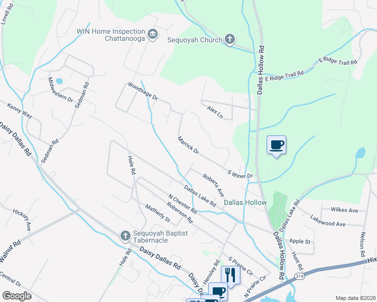 map of restaurants, bars, coffee shops, grocery stores, and more near 1441 Marrick Drive in Soddy-Daisy