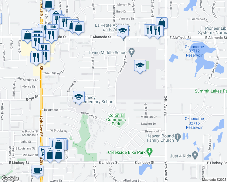 map of restaurants, bars, coffee shops, grocery stores, and more near 406 Vicksburg Avenue in Norman