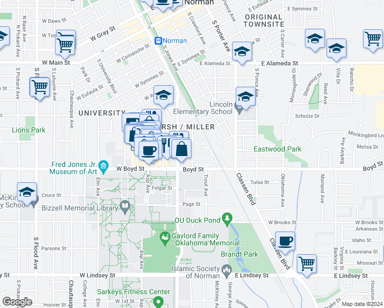 map of restaurants, bars, coffee shops, grocery stores, and more near McCullough Street in Norman