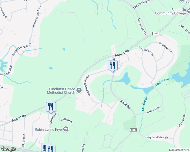 map of restaurants, bars, coffee shops, grocery stores, and more near 124 Steeplechase Way in Southern Pines