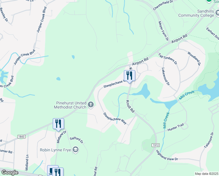 map of restaurants, bars, coffee shops, grocery stores, and more near 124 Steeplechase Way in Southern Pines