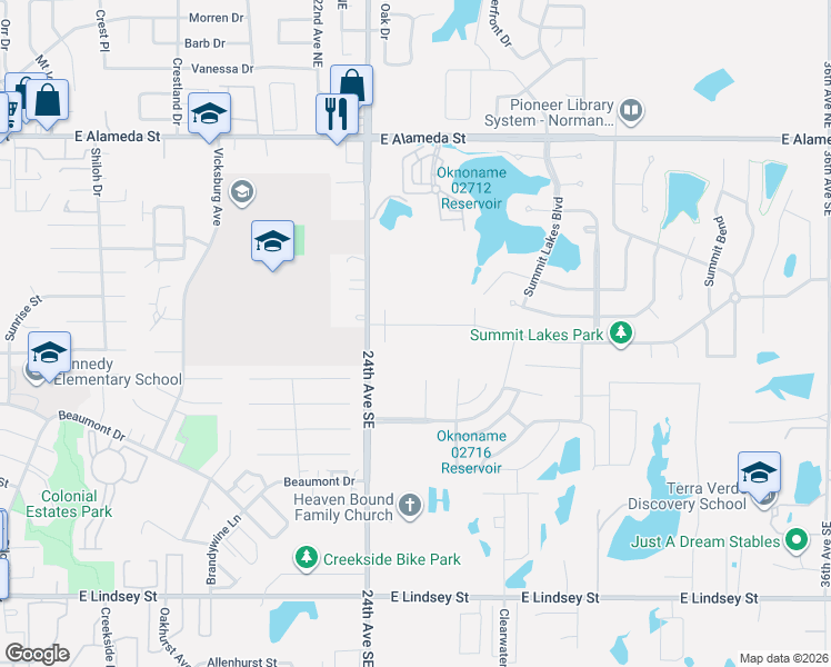 map of restaurants, bars, coffee shops, grocery stores, and more near 604 Welston Circle in Norman