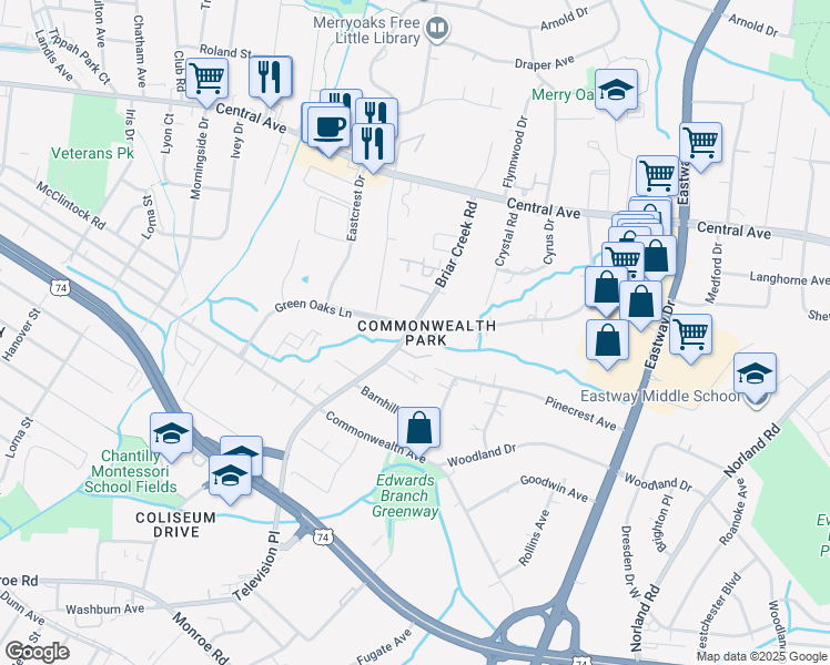 map of restaurants, bars, coffee shops, grocery stores, and more near 1401 Briar Creek Road in Charlotte