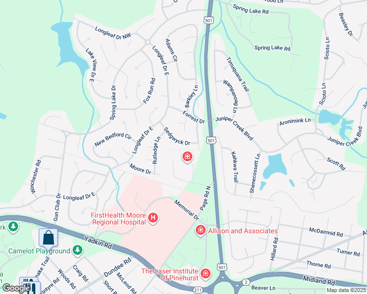 map of restaurants, bars, coffee shops, grocery stores, and more near 30 Sedgwyck Drive in Pinehurst