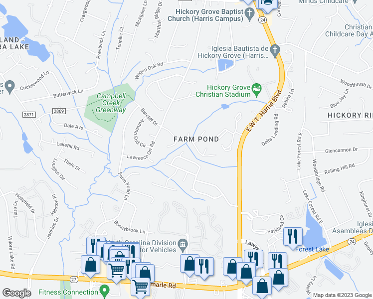 map of restaurants, bars, coffee shops, grocery stores, and more near 5603 Chiefly Court in Charlotte