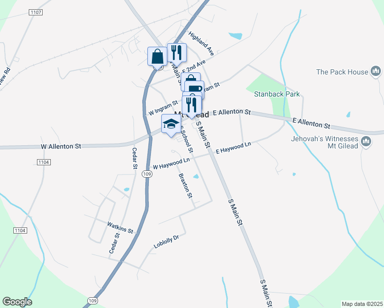 map of restaurants, bars, coffee shops, grocery stores, and more near South School Street in Mount Gilead