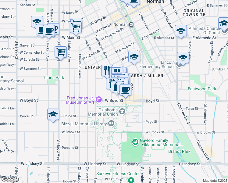 map of restaurants, bars, coffee shops, grocery stores, and more near 571 South University Boulevard in Norman