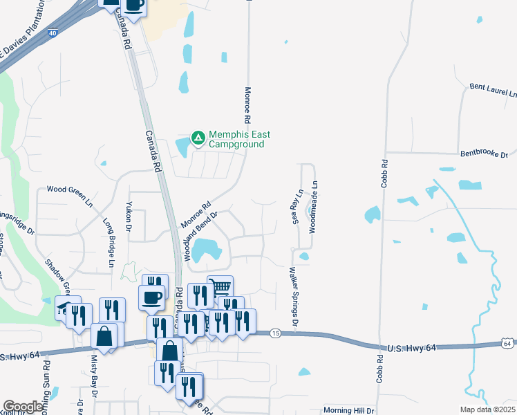 map of restaurants, bars, coffee shops, grocery stores, and more near 10041 Woodland Pine Cove West in Lakeland
