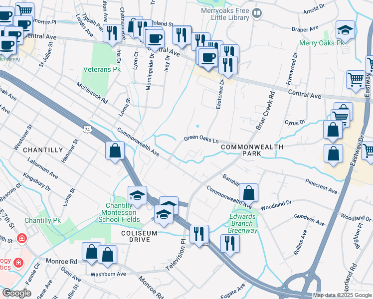 map of restaurants, bars, coffee shops, grocery stores, and more near 1330 Green Oaks Lane in Charlotte
